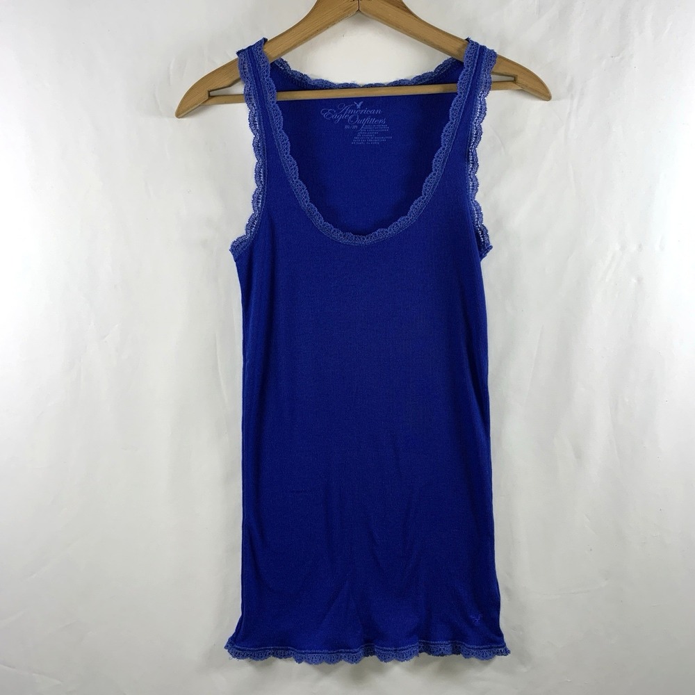 AEO Womens Y2K Ribbed Knit Lace Trim Long Tank Top Size M Scoop Layer Bella 09